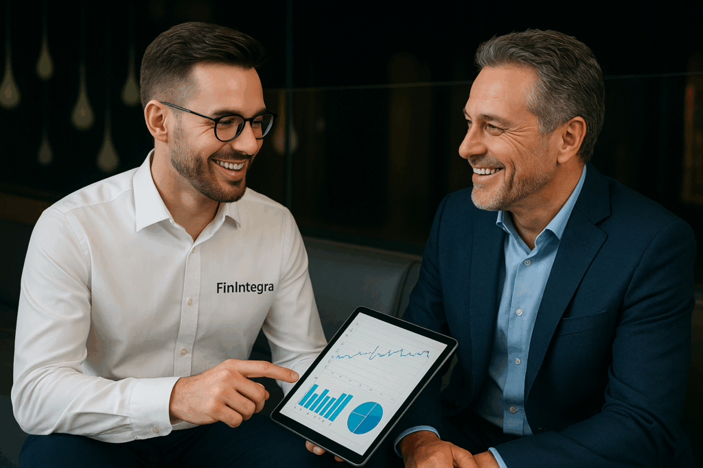 Dois homens conversando felizes sobre finanças empresariais sentados apresentando dados em um tablet
